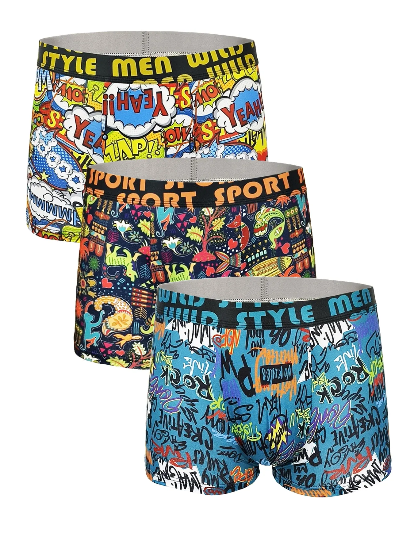 Men's 3-Pack Polyester Boxer Briefs - Graffiti Comic Pop Art Print Underwear Set with "STYLE men" Waistband thumbnail 1
