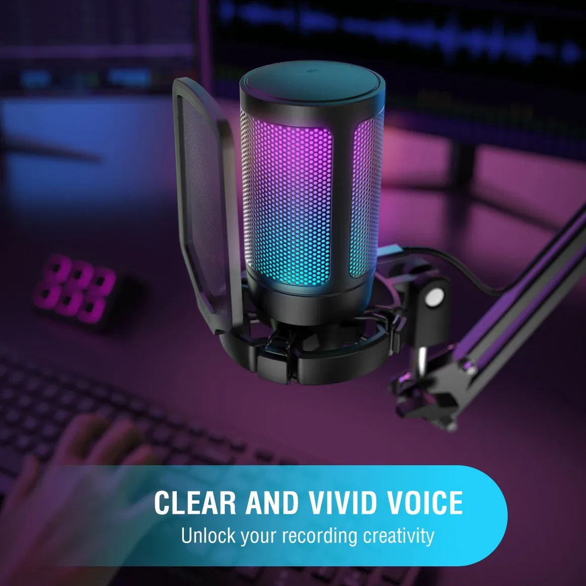FIFINE A6V USB Condenser Gaming Microphone for PC PS4 PS5 MAC, Gradient RGB Lighting, Cardioid Pickup, Quick Mute, Gain Control, with Pop Filter & Shock Mount for Streaming Podcasts thumbnail 4