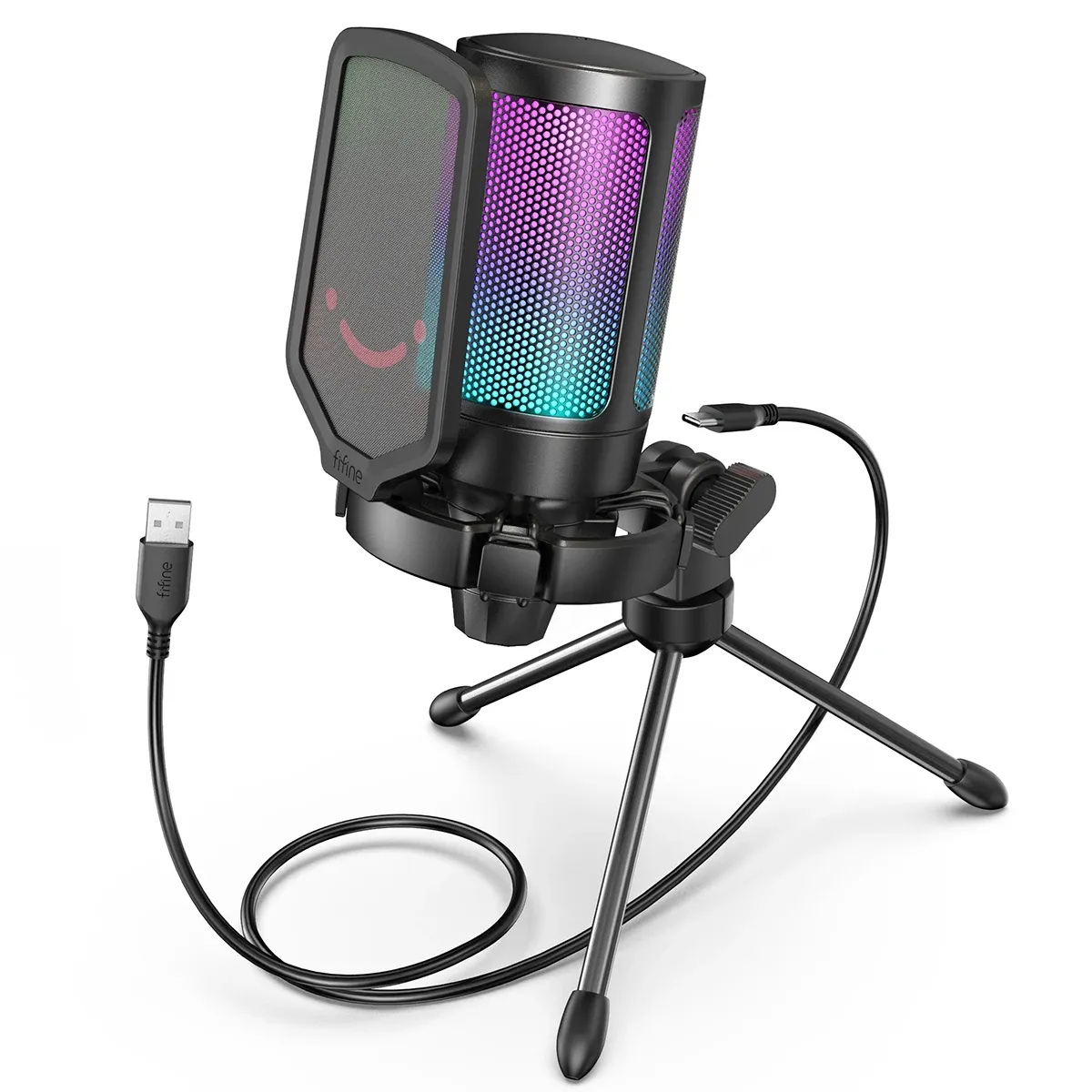 FIFINE A6V USB Condenser Gaming Microphone for PC PS4 PS5 MAC, Gradient RGB Lighting, Cardioid Pickup, Quick Mute, Gain Control, with Pop Filter & Shock Mount for Streaming Podcasts