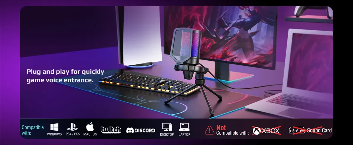 FIFINE A6V USB Condenser Gaming Microphone for PC PS4 PS5 MAC, Gradient RGB Lighting, Cardioid Pickup, Quick Mute, Gain Control, with Pop Filter & Shock Mount for Streaming Podcasts showcase 7