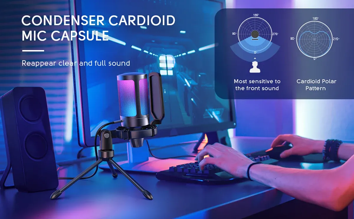 FIFINE A6V USB Condenser Gaming Microphone for PC PS4 PS5 MAC, Gradient RGB Lighting, Cardioid Pickup, Quick Mute, Gain Control, with Pop Filter & Shock Mount for Streaming Podcasts showcase 4