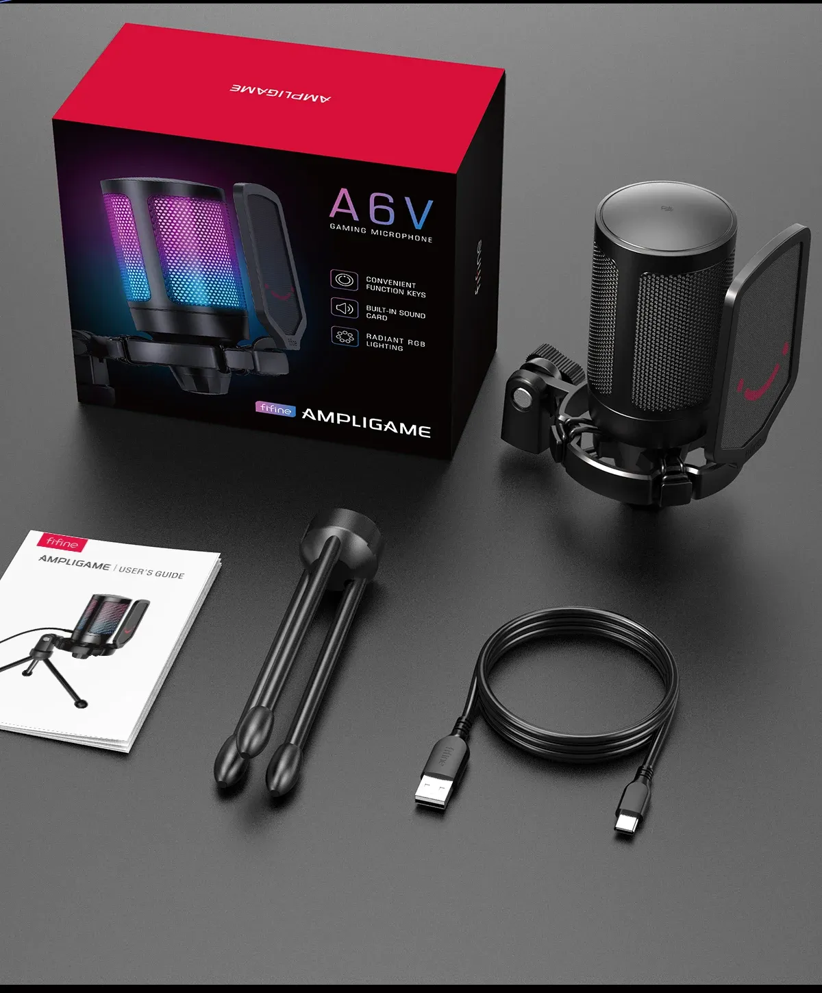 FIFINE A6V USB Condenser Gaming Microphone for PC PS4 PS5 MAC, Gradient RGB Lighting, Cardioid Pickup, Quick Mute, Gain Control, with Pop Filter & Shock Mount for Streaming Podcasts showcase 11