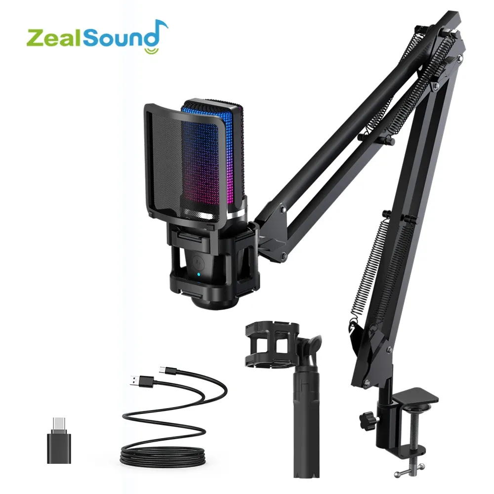 Zealsound RGB USB Condenser Microphone with Articulated Arm & Tripod - Professional Recording for Gaming, Podcasting, Streaming, YouTube - Crystal Clear Audio with DSP & Noise Reduction