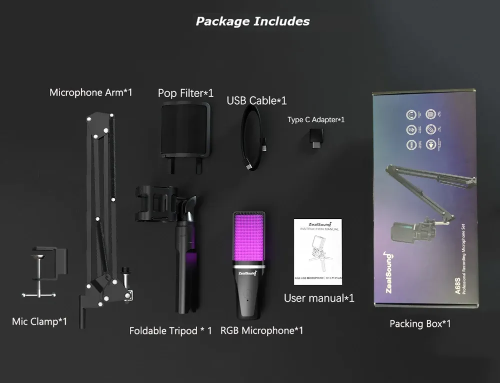 Zealsound RGB USB Condenser Microphone with Articulated Arm & Tripod - Professional Recording for Gaming, Podcasting, Streaming, YouTube - Crystal Clear Audio with DSP & Noise Reduction showcase 9