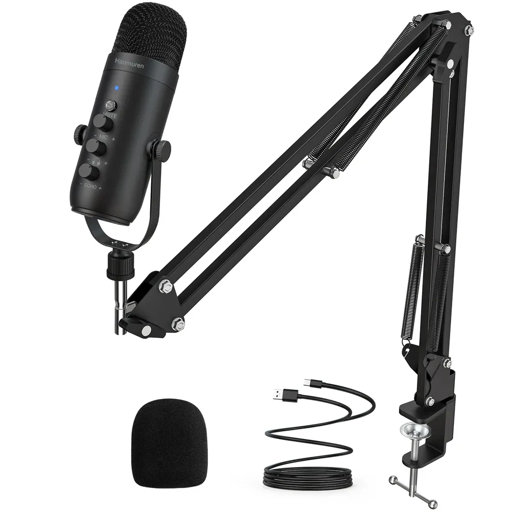 Haomuren Professional USB Condenser Microphone Kit for Podcasting and Streaming, Cardioid Studio Mic with Boom Arm, Plug-and-Play for YouTube, PC, Mac, PS4/5
