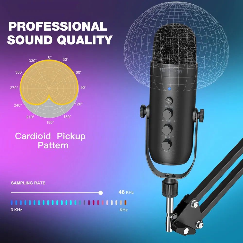 Haomuren Professional USB Condenser Microphone Kit for Podcasting and Streaming, Cardioid Studio Mic with Boom Arm, Plug-and-Play for YouTube, PC, Mac, PS4/5 showcase 3
