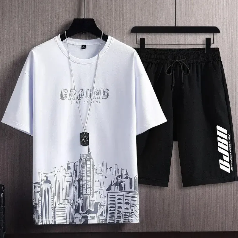 Men's Summer 2-Piece Casual Sports Suit Set - City Print Short Sleeve T-Shirt & Shorts, Breathable Quick Dry Polyester, Slim Fit Plus Size for Outdoor Jogging thumbnail 2
