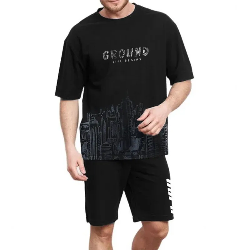 Men's Summer 2-Piece Casual Sports Suit Set - City Print Short Sleeve T-Shirt & Shorts, Breathable Quick Dry Polyester, Slim Fit Plus Size for Outdoor Jogging thumbnail 4