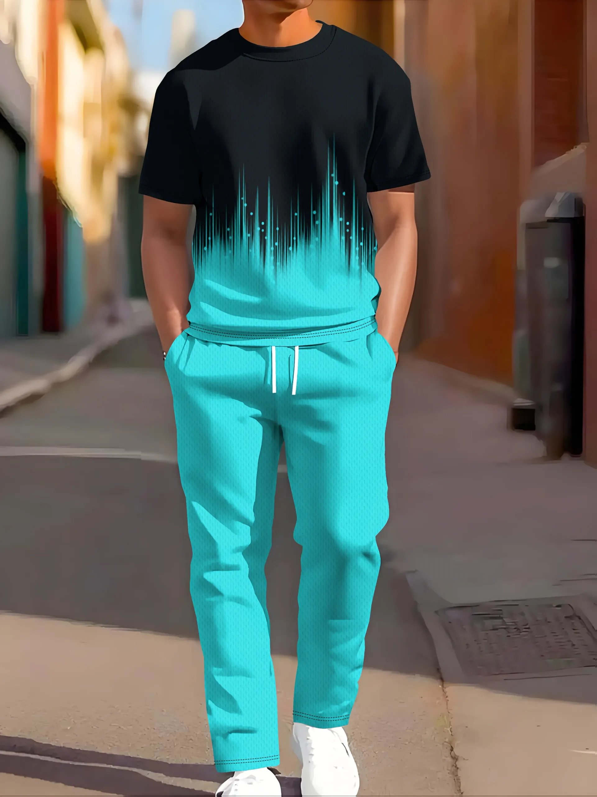 Men's Summer Two-Piece Set: Gradient Print T-Shirt & Comfortable Pants - Breathable Casual Outdoor Wear thumbnail 1
