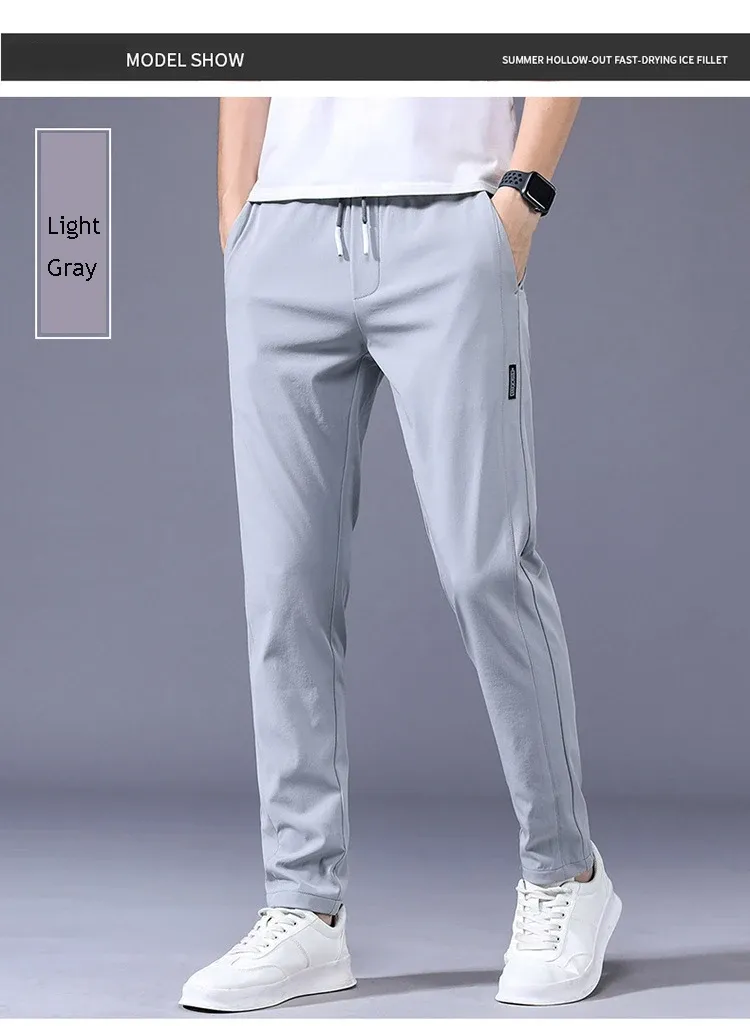 Men's Ice Silk Casual Pants Summer Thin Breathable Business Straight Leg Sweatpants Elastic Outdoor Trousers showcase 2