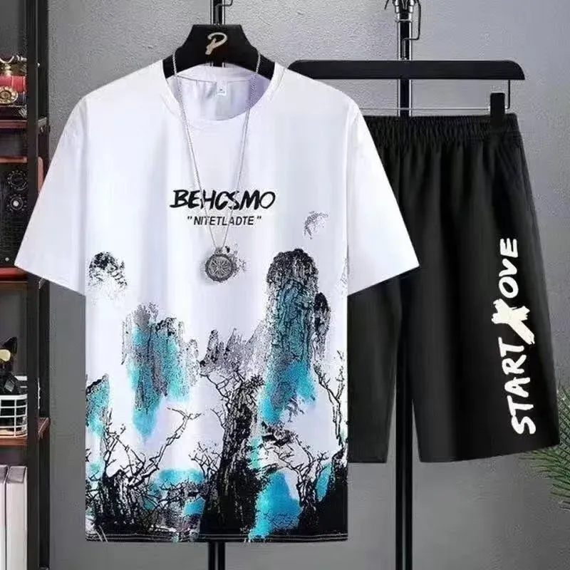 2024 Summer Men's Manga Graffiti 2-Piece Set: Comfortable Breathable Tees T-Shirt & Shorts Outfit for Casual Leisure thumbnail 1