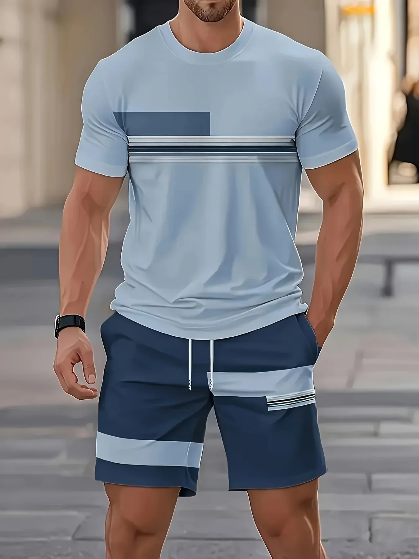 Men's 2025 Summer Short Sleeve Suit Set - Breathable Casual Fashionable 3D Printed Streetwear for Outdoor Activities thumbnail 3