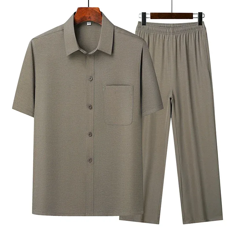 Men's Summer Casual Shirt and Pants Set - Lightweight Loose Fit Lapel Half-Sleeve Top for Middle-Aged & Elderly Men, Fashionable Grandpa Style showcase 3