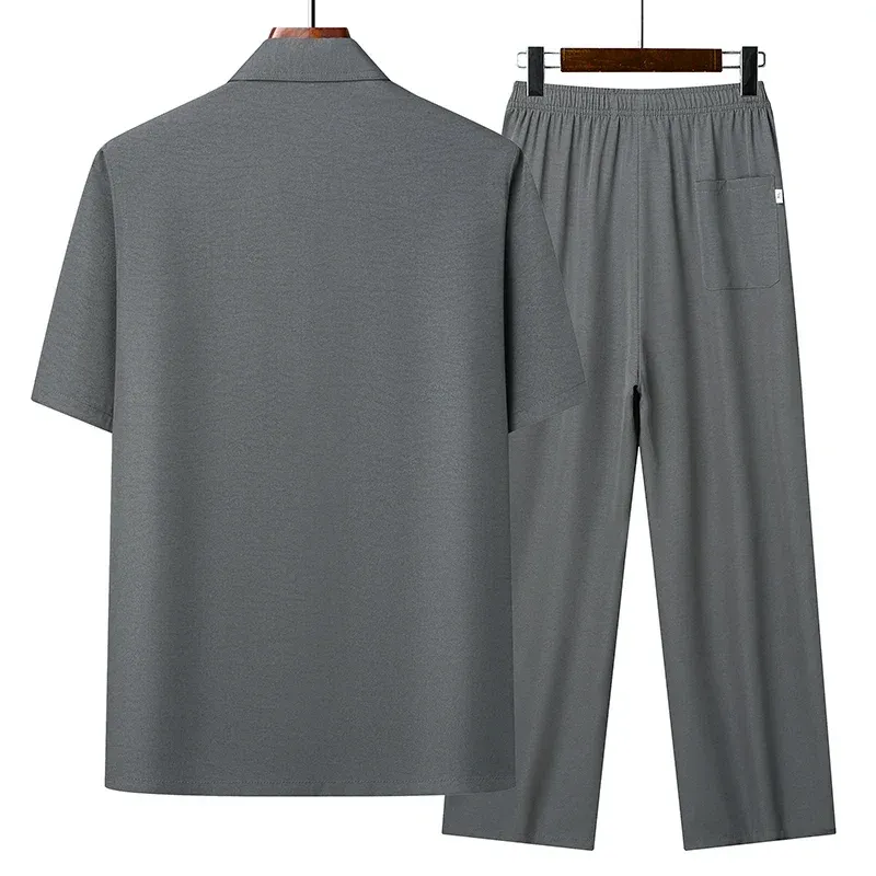 Men's Summer Casual Shirt and Pants Set - Lightweight Loose Fit Lapel Half-Sleeve Top for Middle-Aged & Elderly Men, Fashionable Grandpa Style thumbnail 5