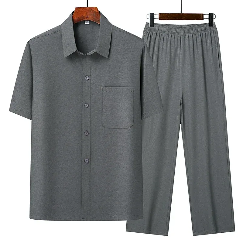Men's Summer Casual Shirt and Pants Set - Lightweight Loose Fit Lapel Half-Sleeve Top for Middle-Aged & Elderly Men, Fashionable Grandpa Style showcase 6