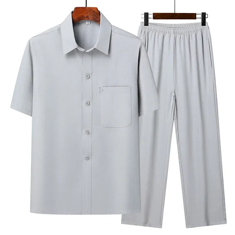 Men's Summer Casual Shirt and Pants Set - Lightweight Loose Fit Lapel Half-Sleeve Top for Middle-Aged & Elderly Men, Fashionable Grandpa Style showcase 4