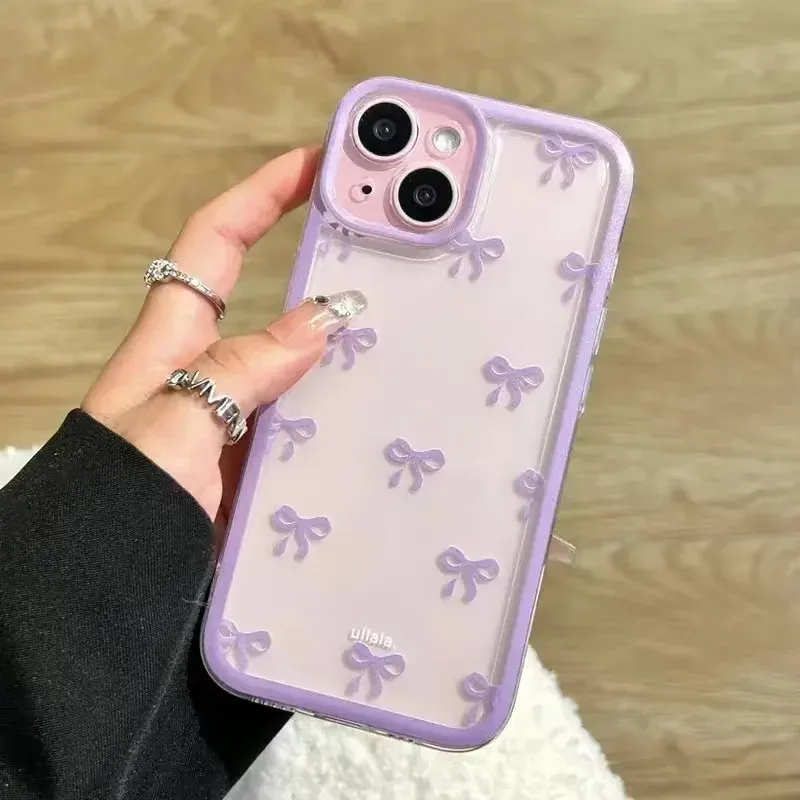 Cute Purple Pink Bow Soft Clear Phone Case for iPhone 15, 14, 13, 12, 11 Pro Max - Enhanced Camera Protection, Shockproof Silicone Cover for Girls & Women thumbnail 4