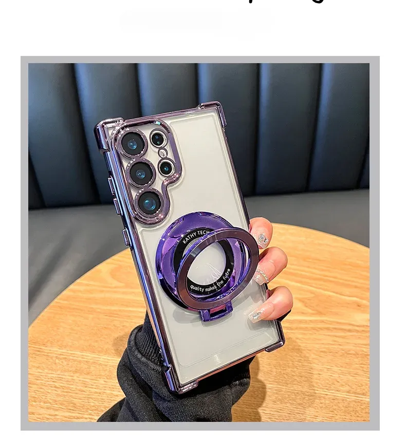 Luxury Magnetic Plating Clear Case with Stand for Samsung Galaxy S25/S24 Ultra, S23/S22/S21 Plus, Note20 - Shockproof Acrylic Back Cover showcase 8