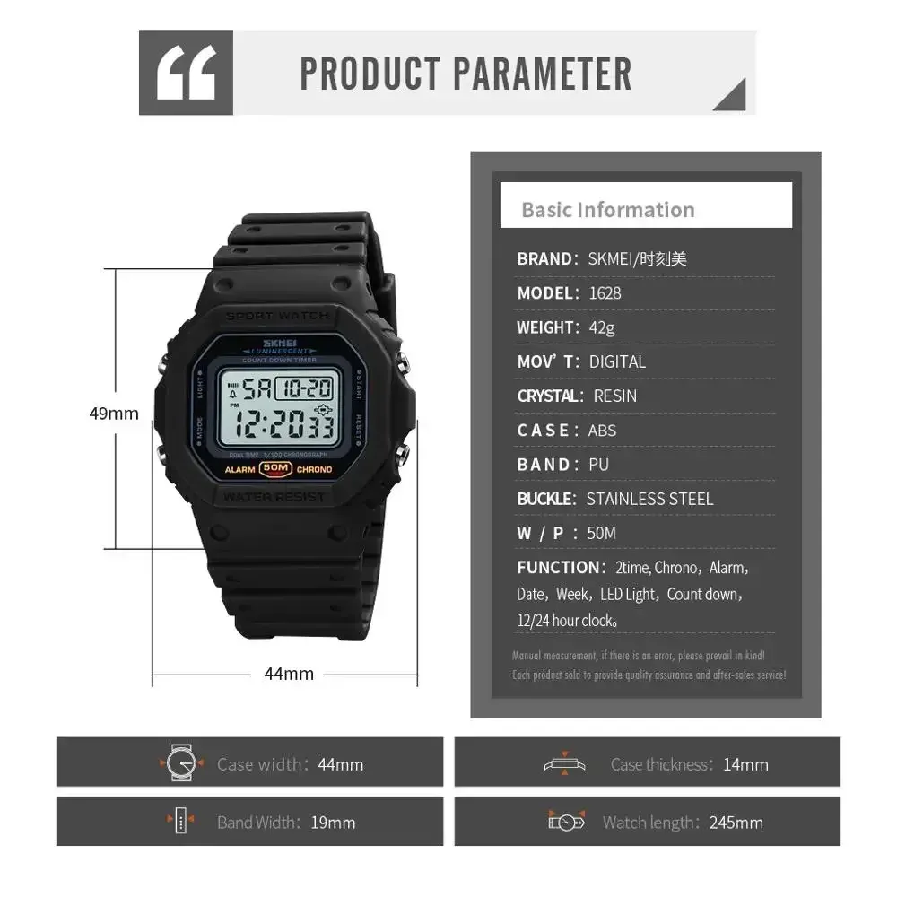 SKMEI 1628 Luxury Digital Men's Watch - Waterproof Sports Electronic Military Style with Dual Time, Chrono, Alarm, LED Light, and Countdown - Ideal for Active Lifestyles thumbnail 6