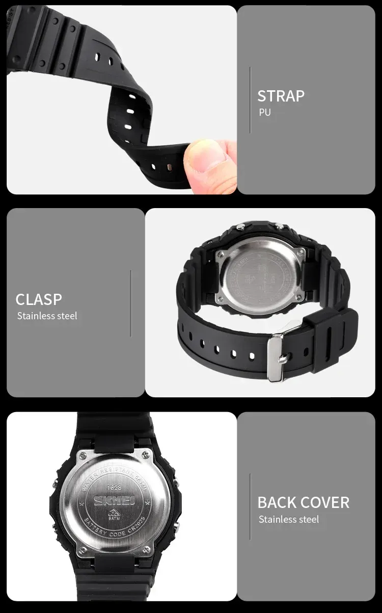 SKMEI 1628 Luxury Digital Men's Watch - Waterproof Sports Electronic Military Style with Dual Time, Chrono, Alarm, LED Light, and Countdown - Ideal for Active Lifestyles showcase 13
