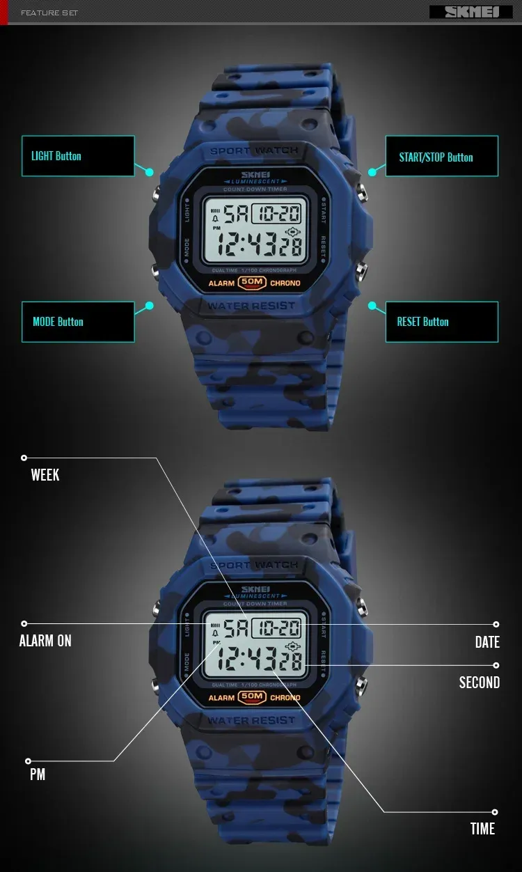 SKMEI 1628 Luxury Digital Men's Watch - Waterproof Sports Electronic Military Style with Dual Time, Chrono, Alarm, LED Light, and Countdown - Ideal for Active Lifestyles showcase 8