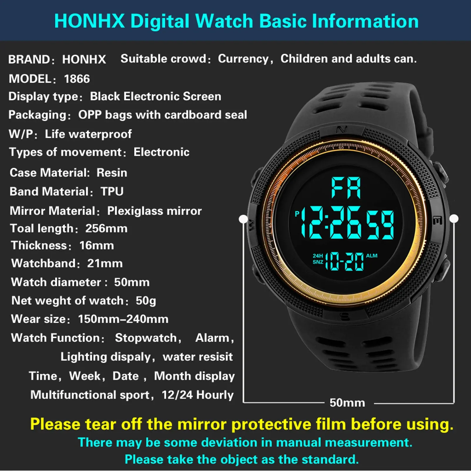 Men's Digital Sports Watch Waterproof Casual Luminous Stopwatch Alarm Simple Army Style Watch for Running, Climbing, Fishing - Large Dial, 10M Water Resistance, Resin Band thumbnail 3
