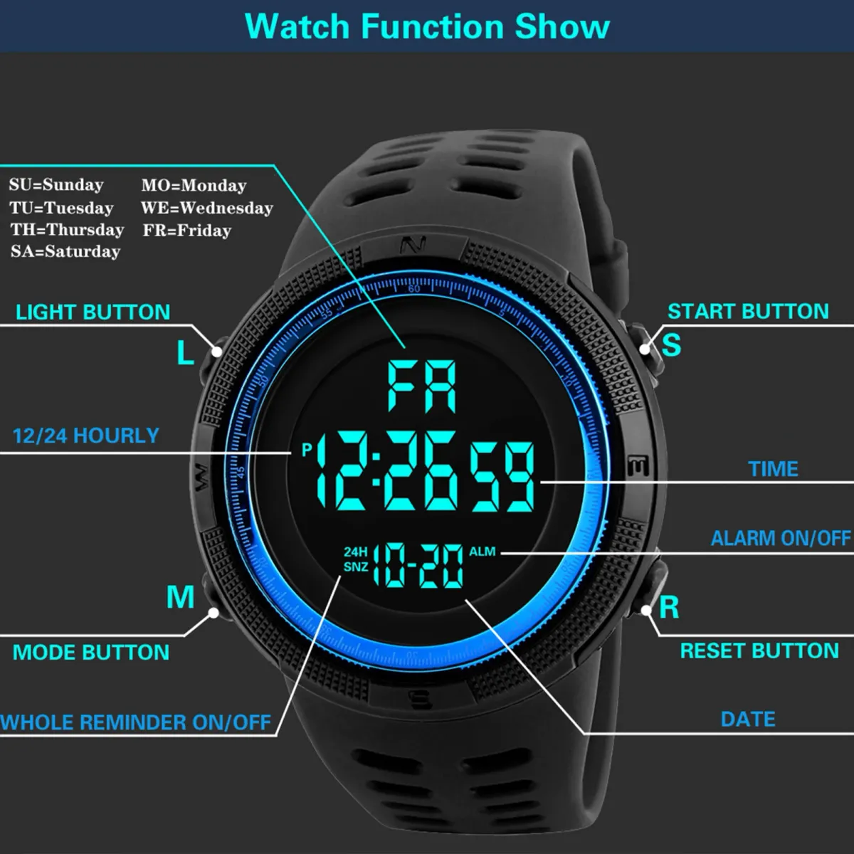 Men's Digital Sports Watch Waterproof Casual Luminous Stopwatch Alarm Simple Army Style Watch for Running, Climbing, Fishing - Large Dial, 10M Water Resistance, Resin Band showcase 4