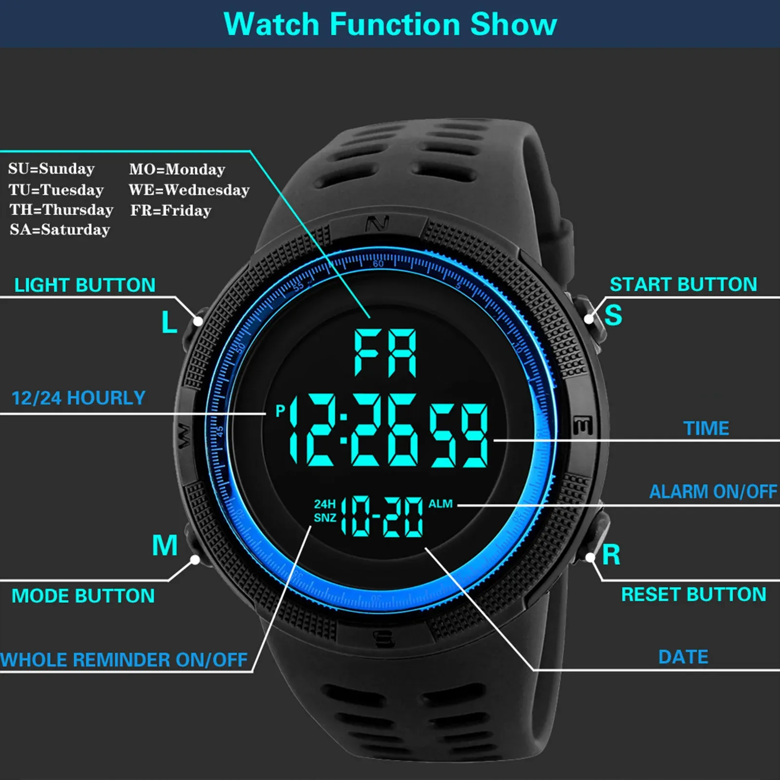 Men's Digital Sports Watch Waterproof Casual Luminous Stopwatch Alarm Simple Army Style Watch for Running, Climbing, Fishing - Large Dial, 10M Water Resistance, Resin Band thumbnail 2