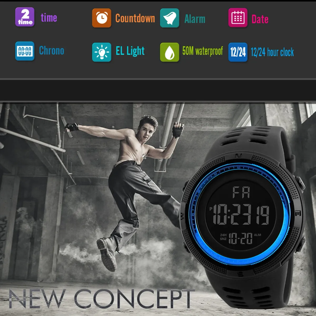 Men's Digital Sports Watch Waterproof Casual Luminous Stopwatch Alarm Simple Army Style Watch for Running, Climbing, Fishing - Large Dial, 10M Water Resistance, Resin Band showcase 7