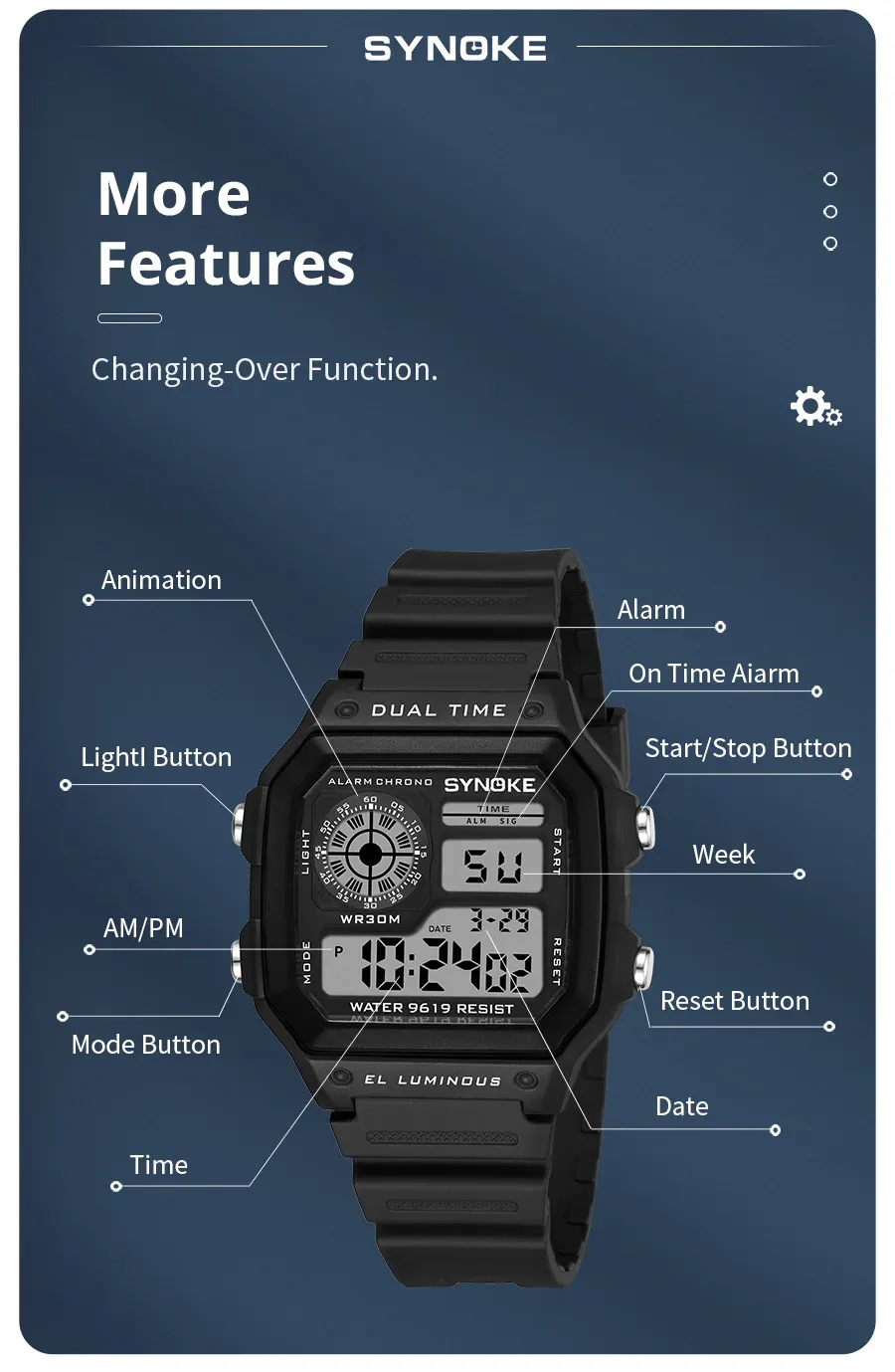 SYNOKE Men's Military Digital Watch: Waterproof Sports Chronograph with Luminous Display, Alarm, Date, and Durable Rubber Strap - Ideal for Outdoor Adventures showcase 9