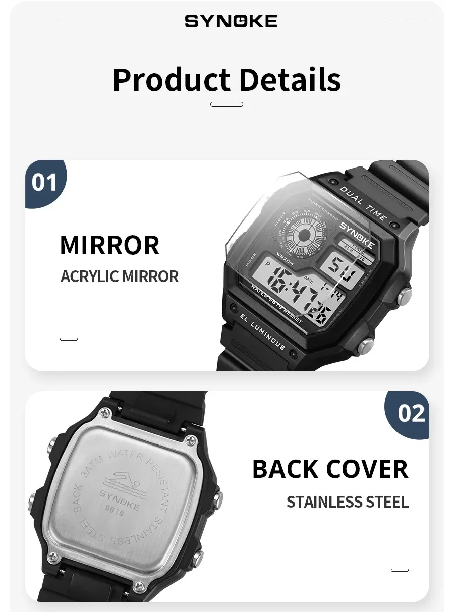 SYNOKE Men's Military Digital Watch: Waterproof Sports Chronograph with Luminous Display, Alarm, Date, and Durable Rubber Strap - Ideal for Outdoor Adventures showcase 10
