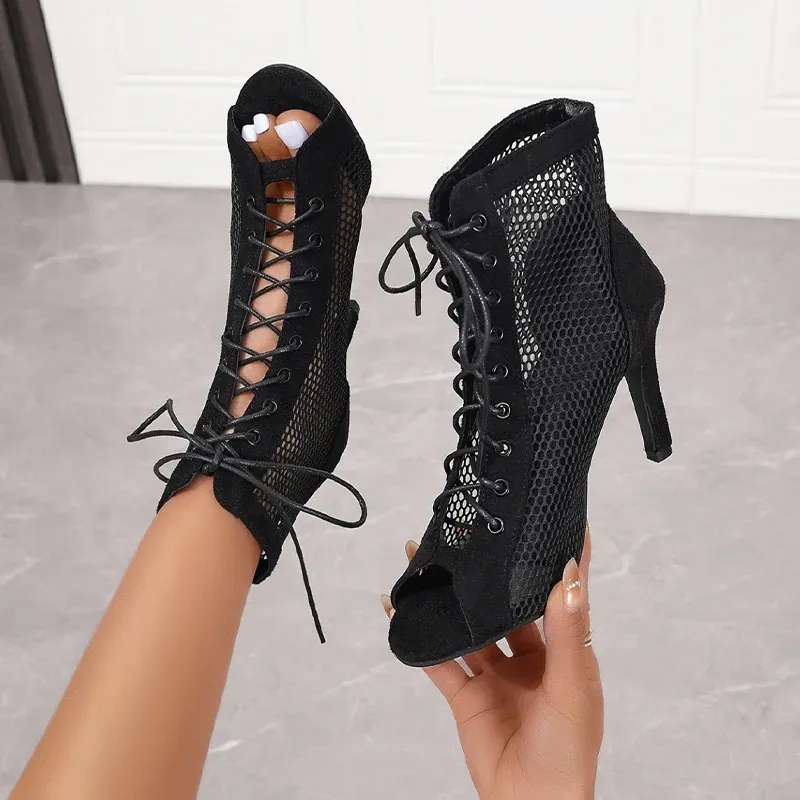 Women's Summer High Top Dance Sandals - Mesh Cutout Ballroom Salsa Tango Heels for Parties & Fashion thumbnail 5