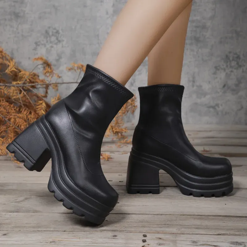Women's Fashion Square Toe Leather Ankle Boots with Zipper, Sexy High Heel Thick Sole Casual Shoes for Everyday Wear - Image 2