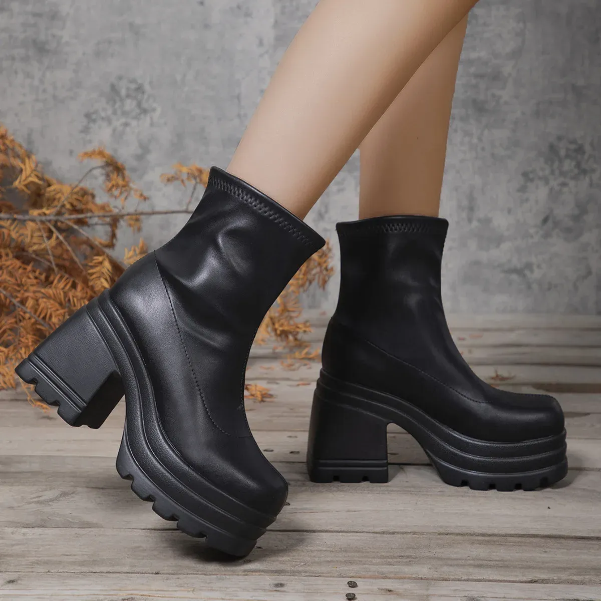 Women's Fashion Square Toe Leather Ankle Boots with Zipper, Sexy High Heel Thick Sole Casual Shoes for Everyday Wear showcase 11