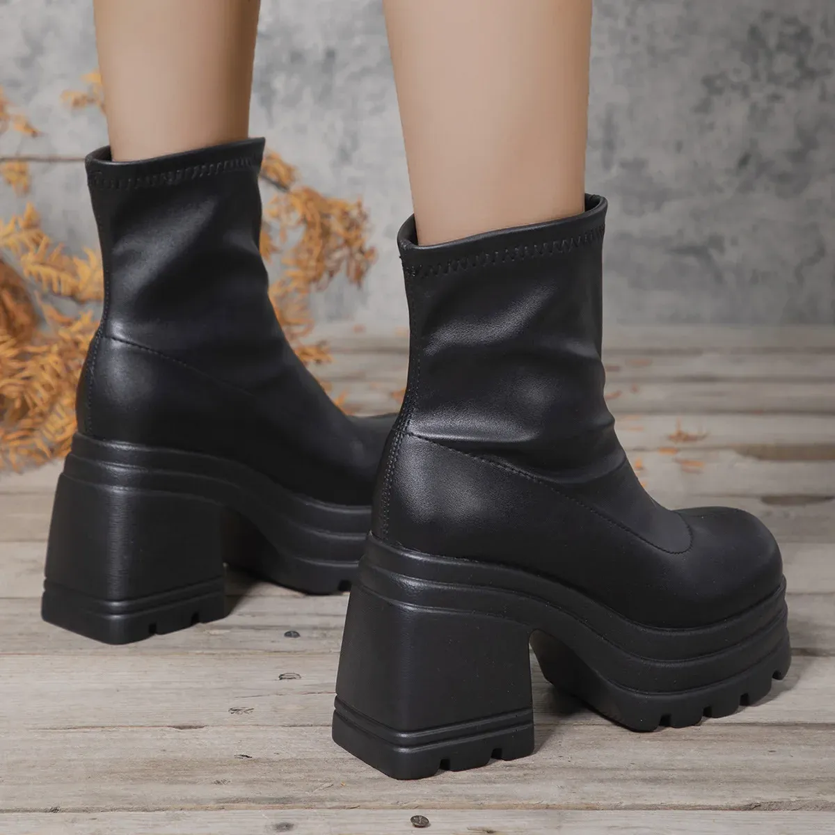 Women's Fashion Square Toe Leather Ankle Boots with Zipper, Sexy High Heel Thick Sole Casual Shoes for Everyday Wear showcase 9