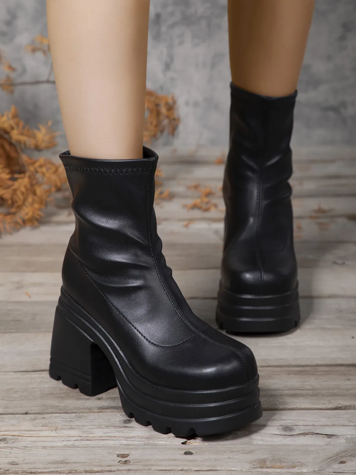Women's Fashion Square Toe Leather Ankle Boots with Zipper, Sexy High Heel Thick Sole Casual Shoes for Everyday Wear showcase 3