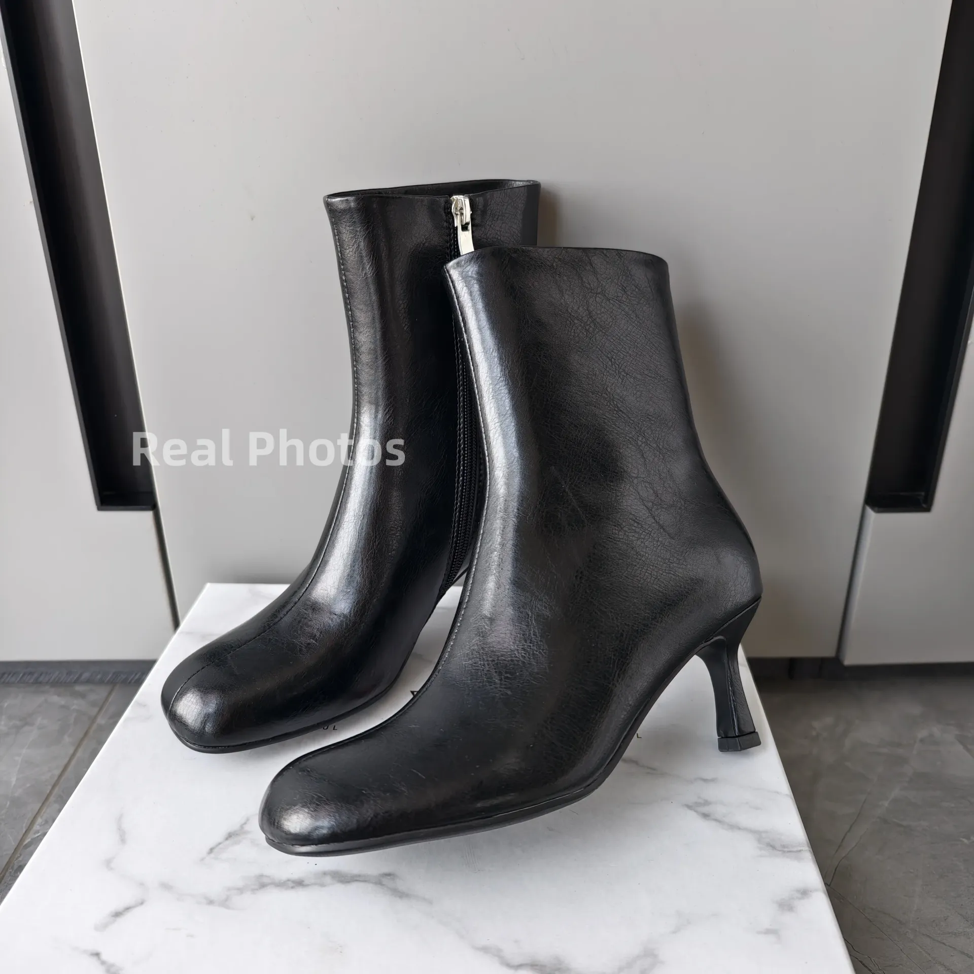 FEDONAS Women's Genuine Leather Ankle Boots - Elegant Round Toe High Heels for Autumn/Winter Comfort thumbnail 5