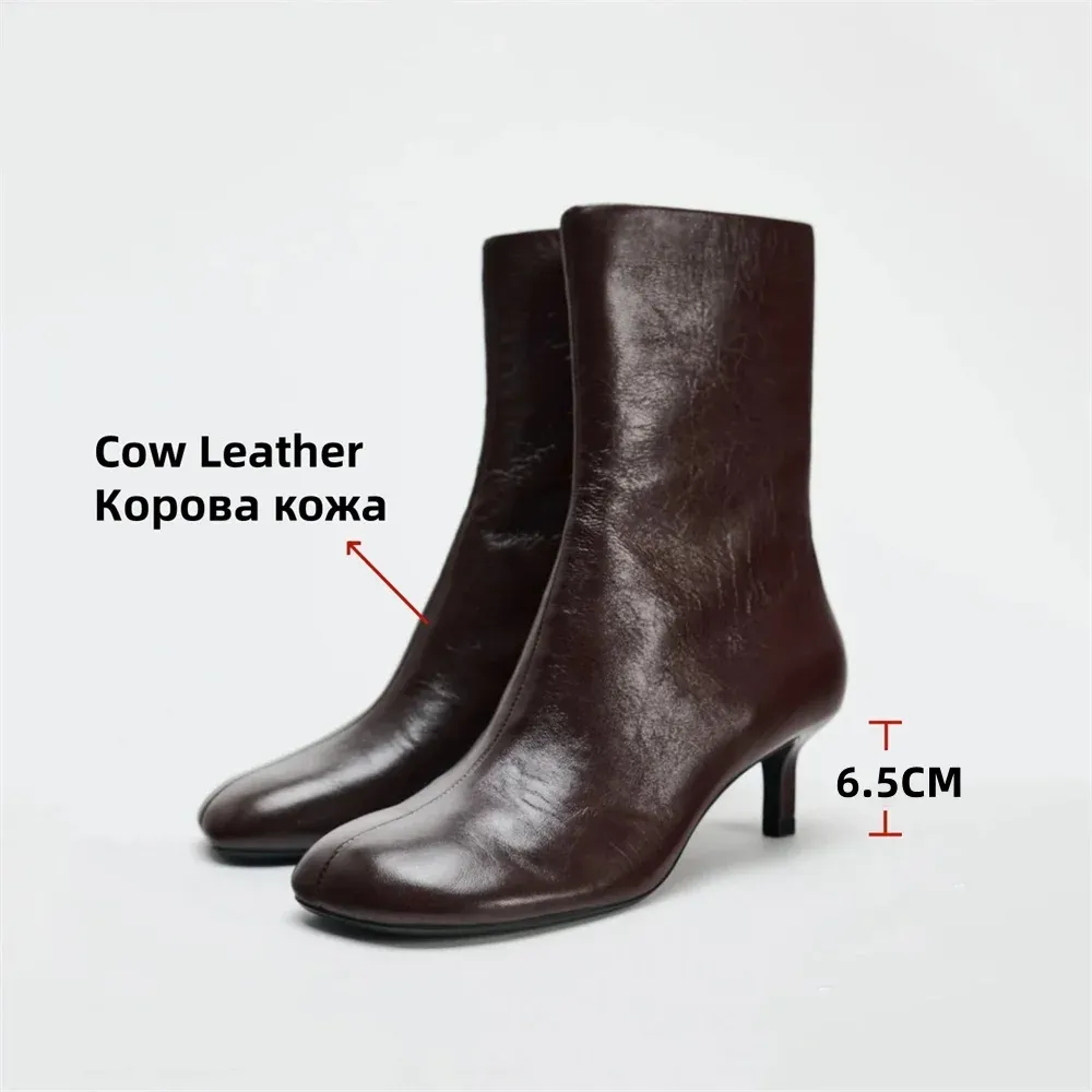 FEDONAS Women's Genuine Leather Ankle Boots - Elegant Round Toe High Heels for Autumn/Winter Comfort showcase 2