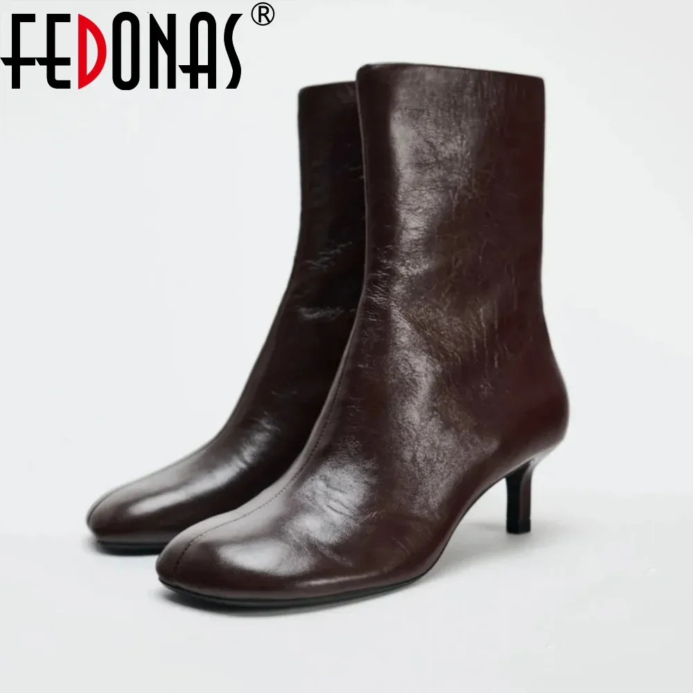 FEDONAS Women's Genuine Leather Ankle Boots - Elegant Round Toe High Heels for Autumn/Winter Comfort thumbnail 1
