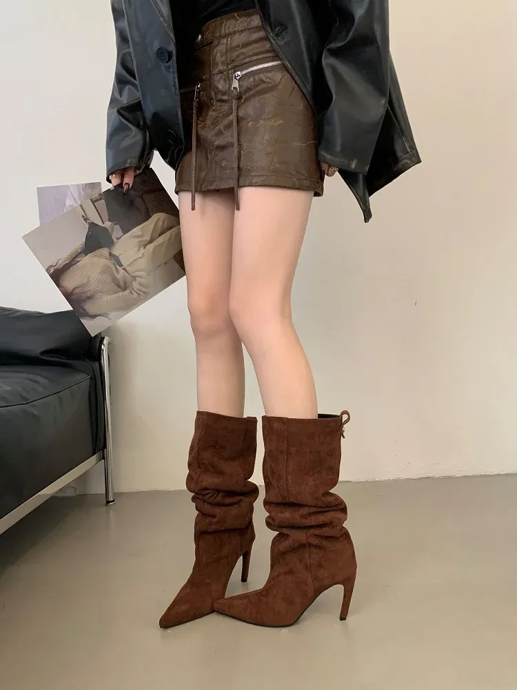 Aneikeh Women's Fashion Pointed Toe Knee-High Boots - Stylish Thin Heel Winter Shoes for a Chic Punk Look showcase 2