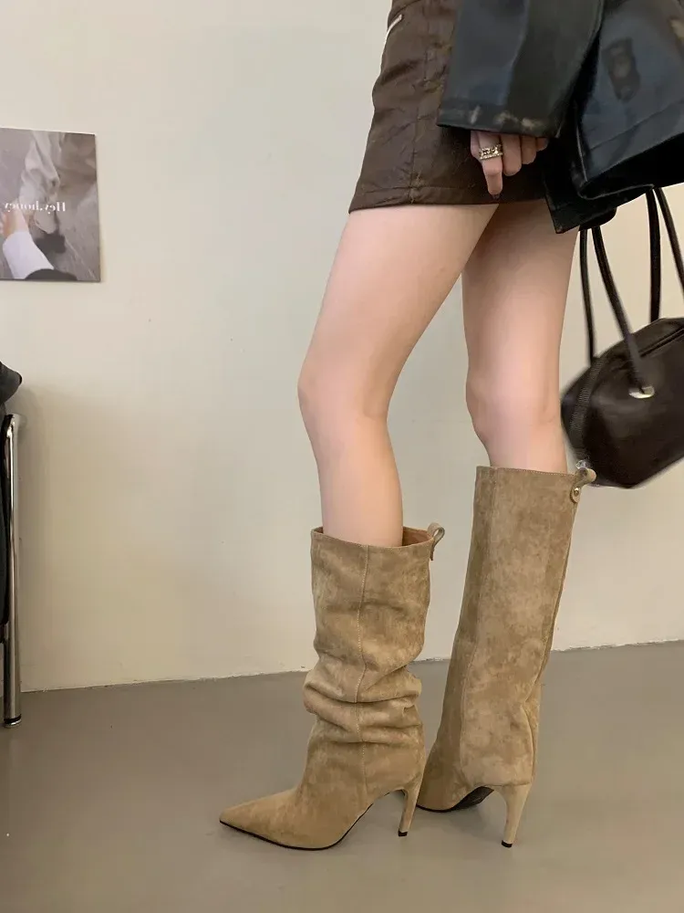 Aneikeh Women's Fashion Pointed Toe Knee-High Boots - Stylish Thin Heel Winter Shoes for a Chic Punk Look showcase 8