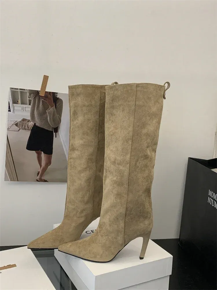 Aneikeh Women's Fashion Pointed Toe Knee-High Boots - Stylish Thin Heel Winter Shoes for a Chic Punk Look showcase 16