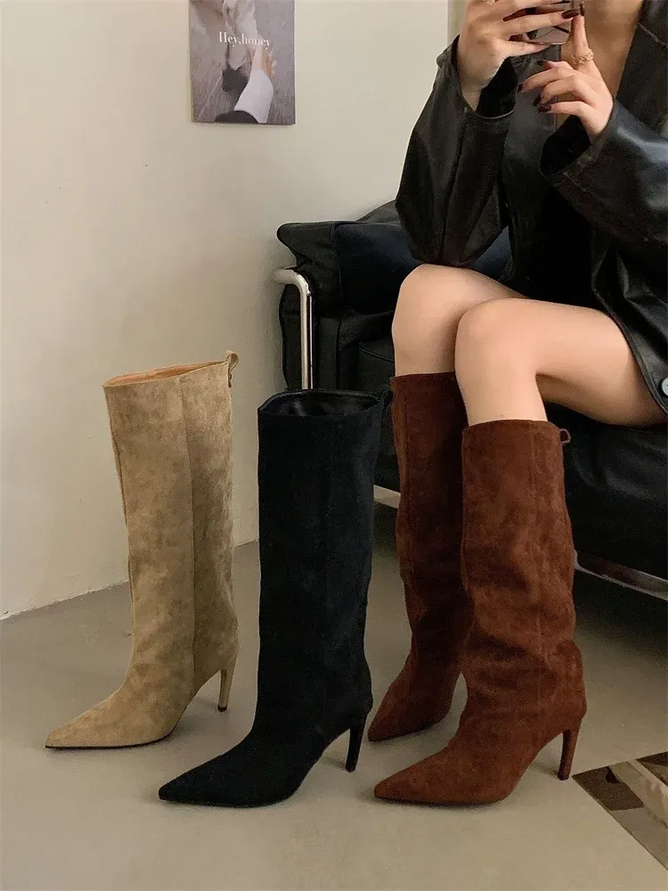 Aneikeh Women's Fashion Pointed Toe Knee-High Boots - Stylish Thin Heel Winter Shoes for a Chic Punk Look showcase 14