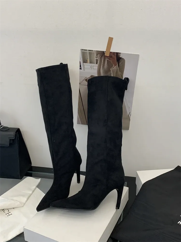 Aneikeh Women's Fashion Pointed Toe Knee-High Boots - Stylish Thin Heel Winter Shoes for a Chic Punk Look showcase 11