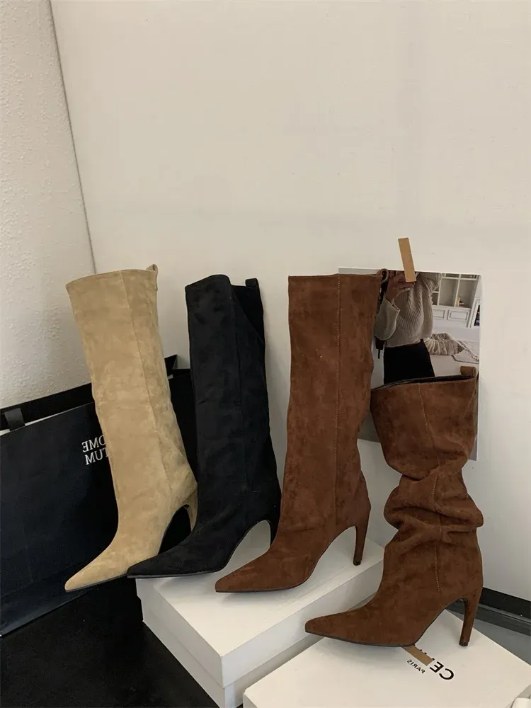 Aneikeh Women's Fashion Pointed Toe Knee-High Boots - Stylish Thin Heel Winter Shoes for a Chic Punk Look showcase 13