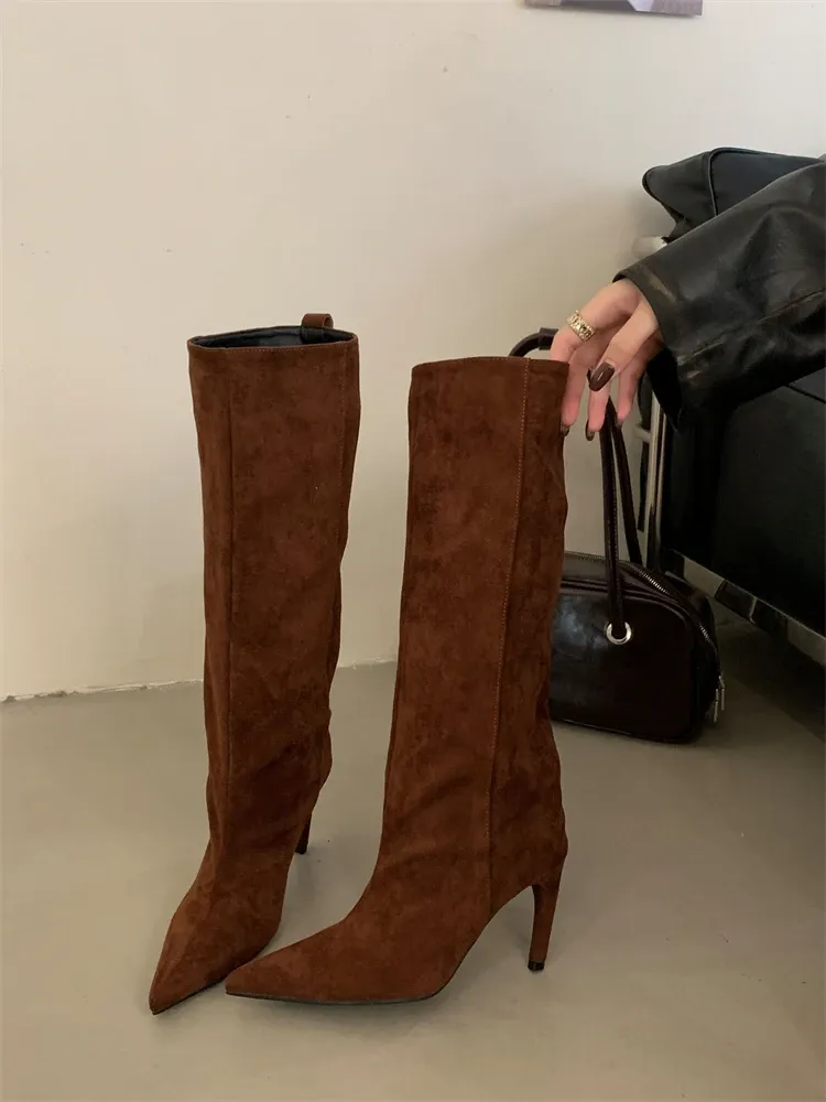 Aneikeh Women's Fashion Pointed Toe Knee-High Boots - Stylish Thin Heel Winter Shoes for a Chic Punk Look showcase 12