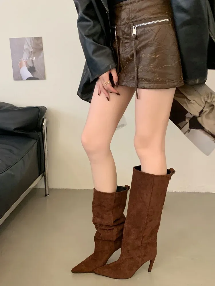 Aneikeh Women's Fashion Pointed Toe Knee-High Boots - Stylish Thin Heel Winter Shoes for a Chic Punk Look showcase 1