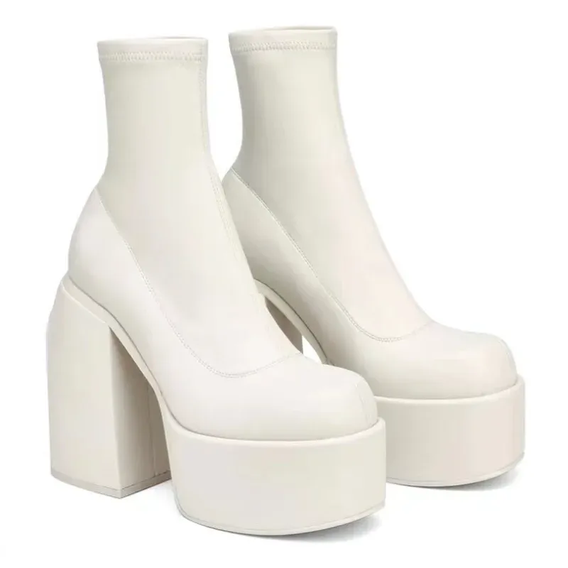Women's Fashion Short Boots, Sexy Square Toe Leather Ankle Boots with Zipper, Casual Thick-Soled High Heels for Stylish Everyday Wear thumbnail 3