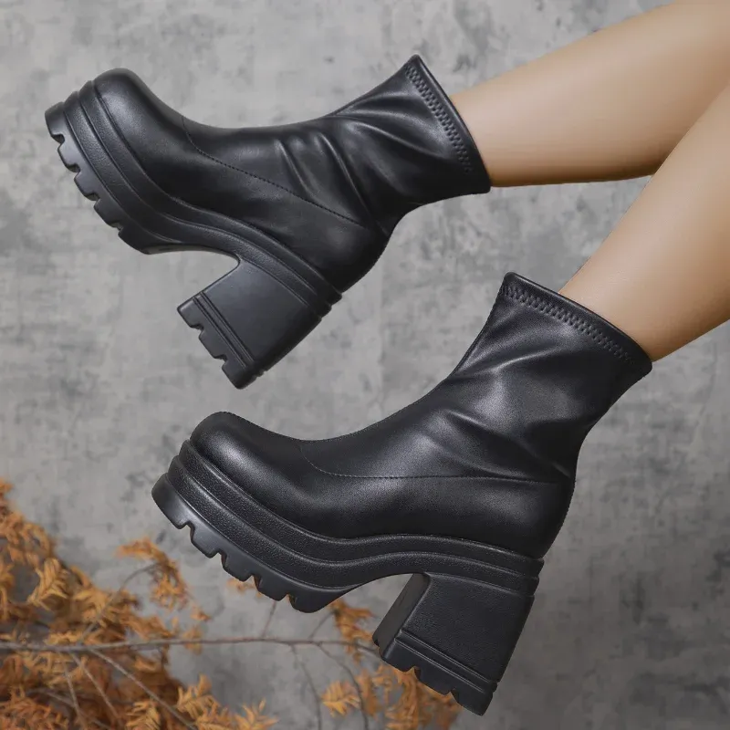 Women's Fashion Short Boots, Sexy Square Toe Leather Ankle Boots with Zipper, Casual Thick-Soled High Heels for Stylish Everyday Wear thumbnail 4