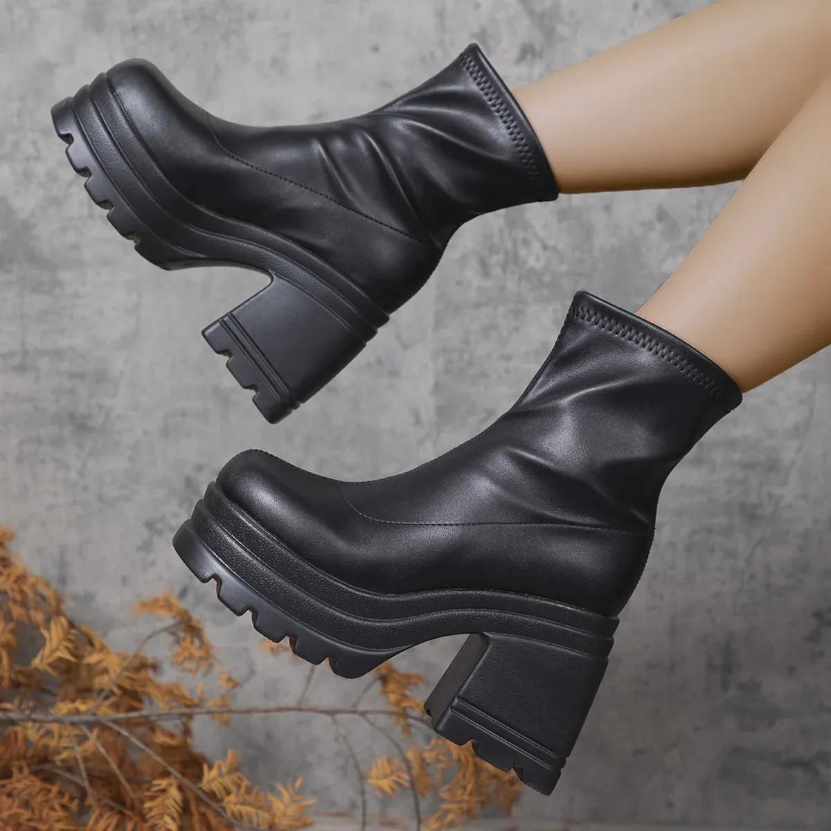 Women's Fashion Short Boots, Sexy Square Toe Leather Ankle Boots with Zipper, Casual Thick-Soled High Heels for Stylish Everyday Wear showcase 8
